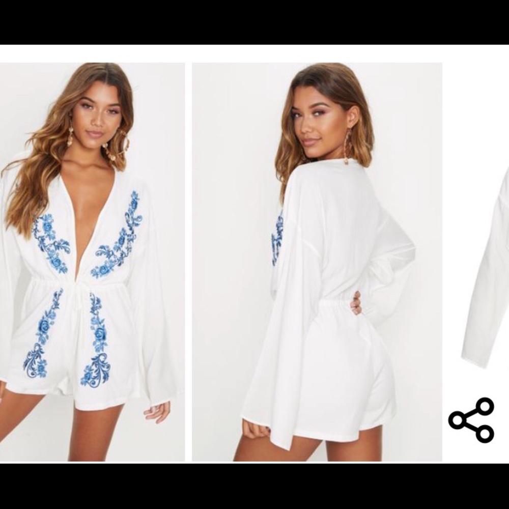 White flare sleeve Embroidered romper